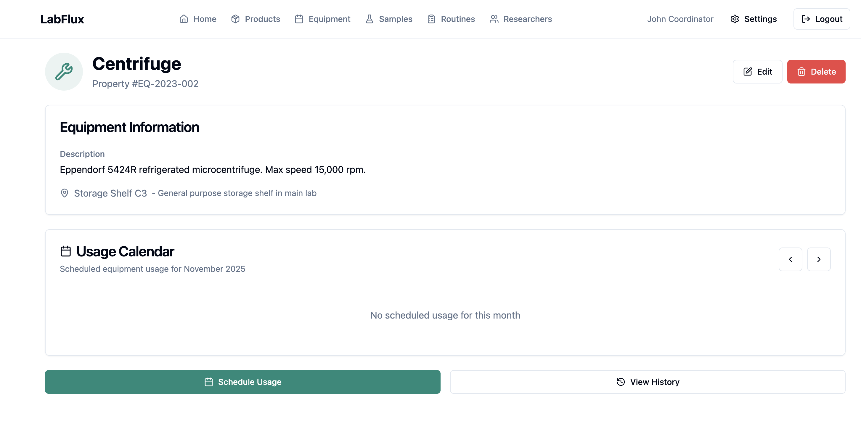 Calendário de Equipamentos
